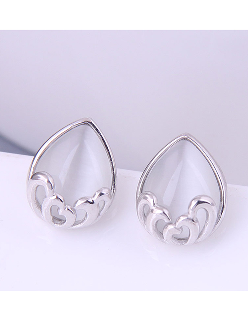 Fashion White Pure Copper Oval Cat Eye Stud Earrings