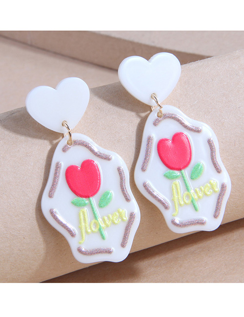 Fashion White Synthetic Resin Heart Flower Tag Stud Earrings