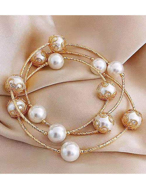 Fashion Gold Brass Beaded Pearl Triple Bracelet