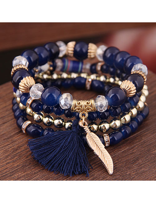 Fashion Blue Acrylic Beaded Beaded Tassel Leaf Multilayer Bracelet