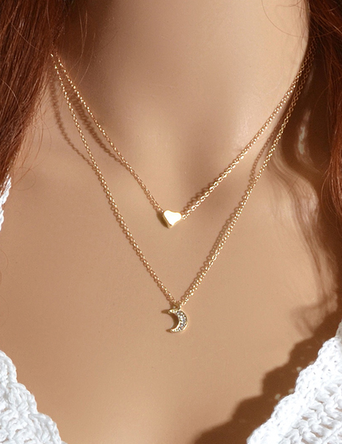 Fashion Gold Alloy Diamond Heart Crescent Double Layer Necklace