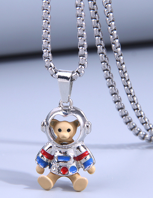 Fashion Silver Titanium Steel Geometric Astronaut Bear Necklace