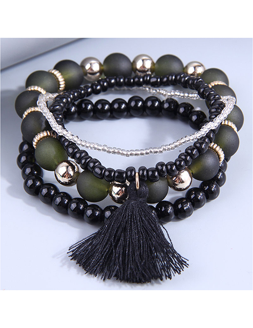 Fashion Black Rice Bead Geometric Ball Beaded Tassel Multilayer Bracelet