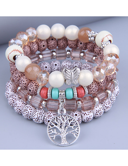 Fashion Watermelon Red Alloy Geometric Beaded Tree Of Life Multilayer Bracelet