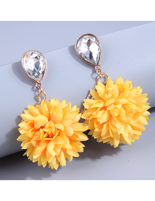 Fashion Yellow Alloy Inset Water Drop Diamond Fabric Flower Stud Earrings