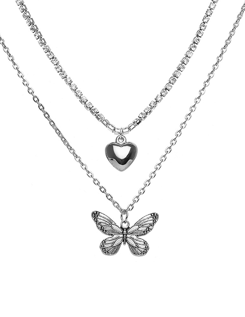 Fashion 3# Alloy Butterfly Love Double Necklace
