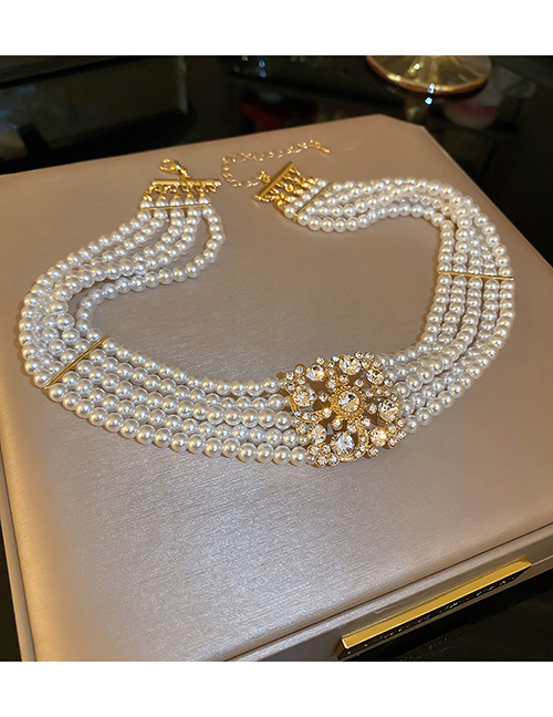 Fashion White Geometric Pearl Beaded Diamond Geometric Necklace