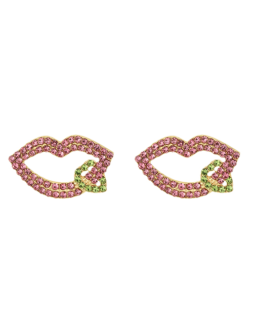 Fashion Leather Pink Alloy Diamond Lip Heart Stud Earrings