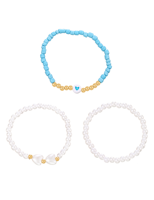 Fashion Blue Alloy Rice Beads Beaded Pearl Heart Bracelet Three Piece Set