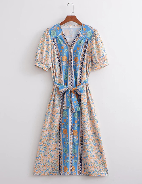 Fashion Blue And Yellow Flowers Printed V-neck Lace-up Dress