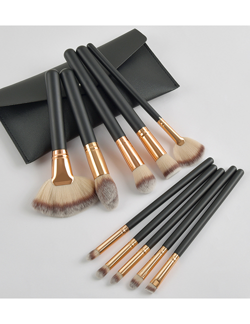 Fashion Black Set Of 10 Black Premium Makeup Brushes With Leather Case