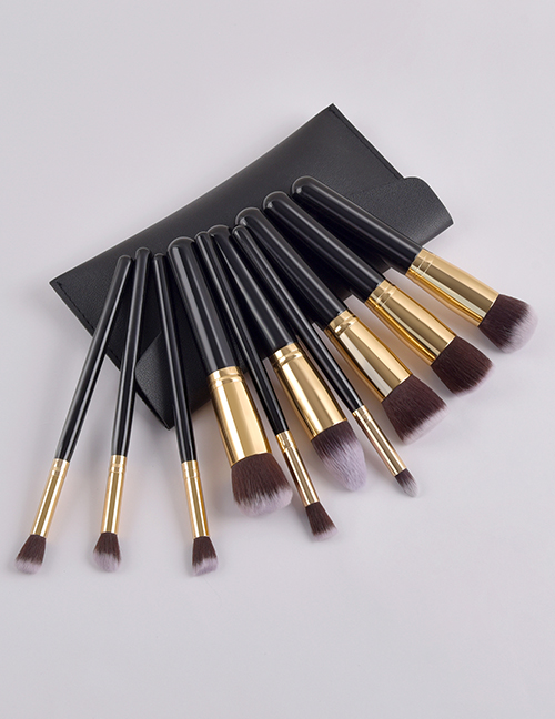 Fashion Black Set Of 10 Oversized Black Premium Makeup Brushes With Leather Case