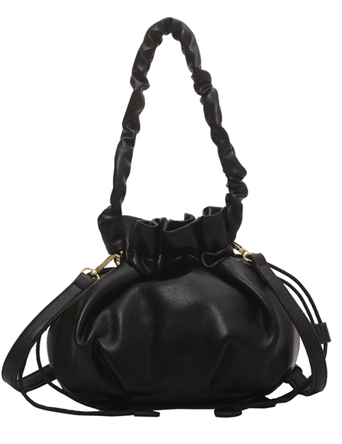 Fashion Black Pu Pleated Drawstring Shoulder Bag