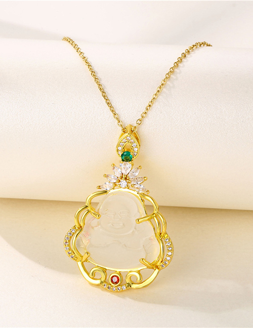 Fashion Gold Titanium Steel Inlaid Zirconium Imitation White Jade Buddha Necklace