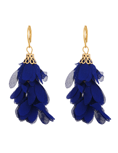 Fashion Navy Blue Gauze Flower Tassel Earrings