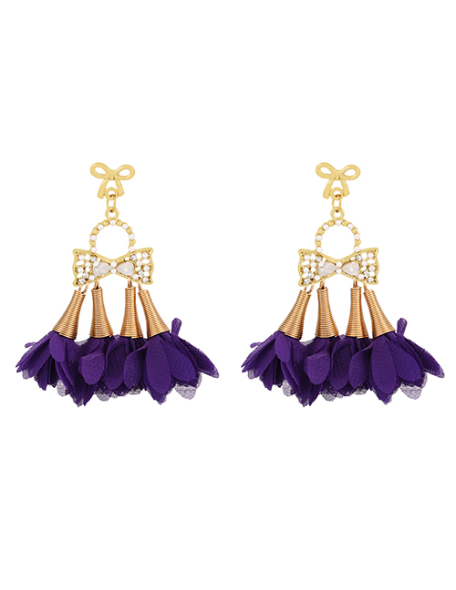 Fashion Purple Alloy Bow Gauze Flower Tassel Earrings
