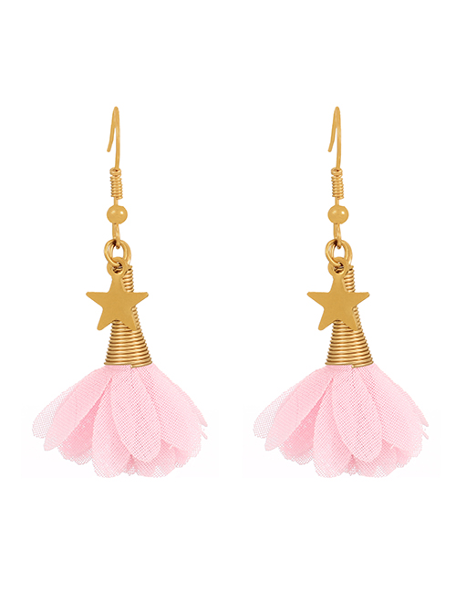 Fashion Pink Fabric Flower Fringe Titanium Steel Pentagram Drop Earrings