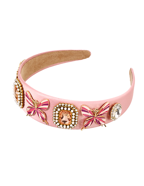 Fashion Pink Fabric Alloy Diamond Drop Oil Butterfly Headband