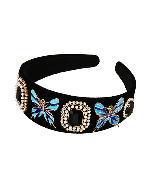 Fashion Black+blue Fabric Alloy Diamond Drop Oil Butterfly Headband