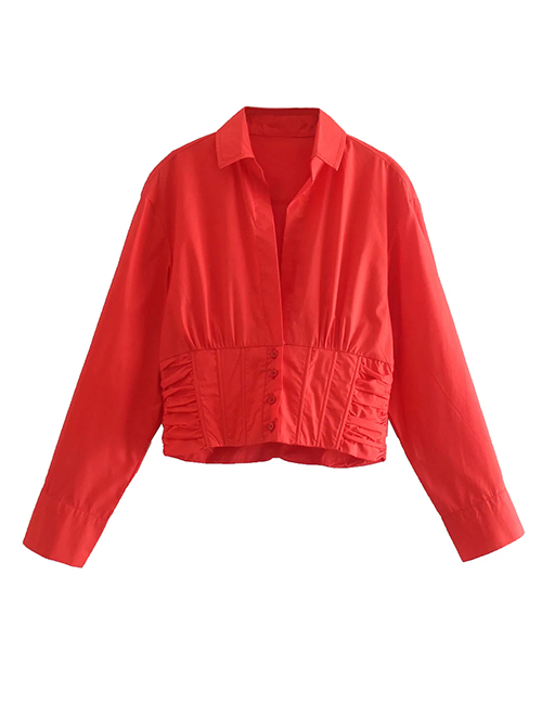 Fashion Red Lapel Long Sleeve Slightly Pleated Cropped Top