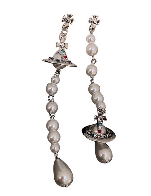 Fashion Silver Alloy Diamond Planet Cross Pearl Asymmetric Drop Earrings