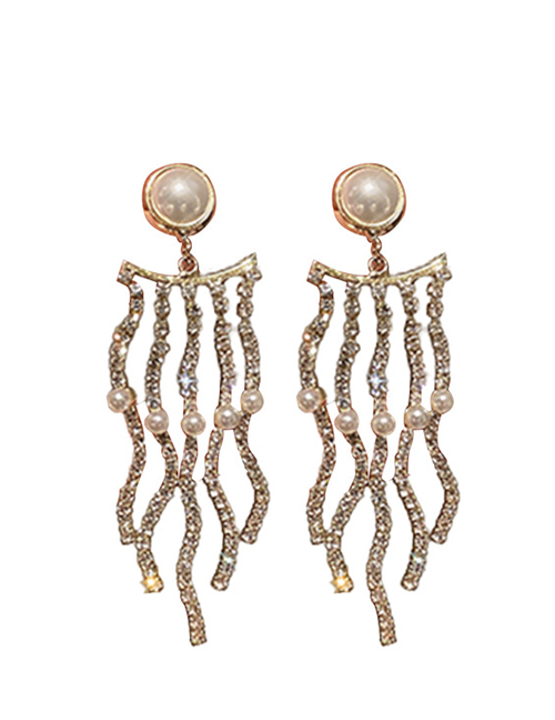 Fashion Gold Alloy Diamond Pearl Tassel Drop Earrings