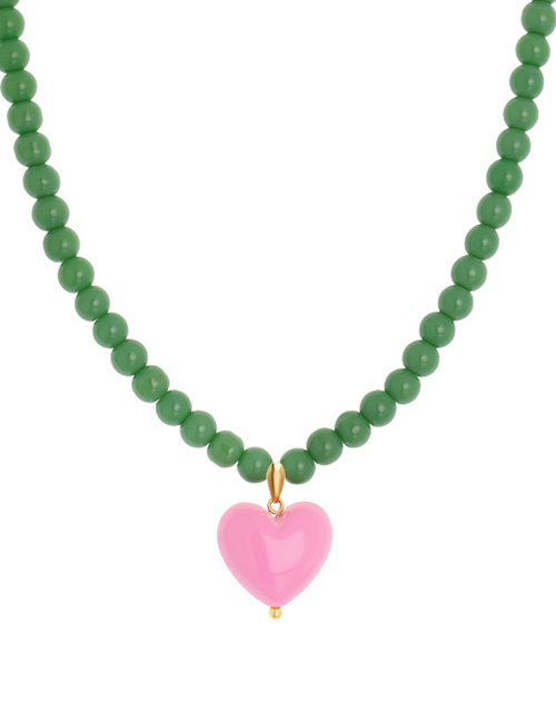 Fashion Necklace - Green Resin Beaded Heart Necklace