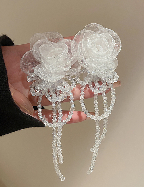 Fashion White Organza Flower Crystal Tassel Earrings