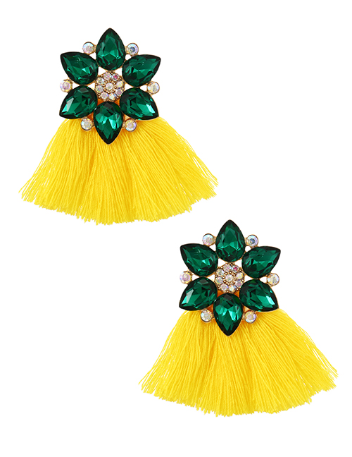 Fashion Yellow Alloy Diamond Flower Tassel Stud Earrings