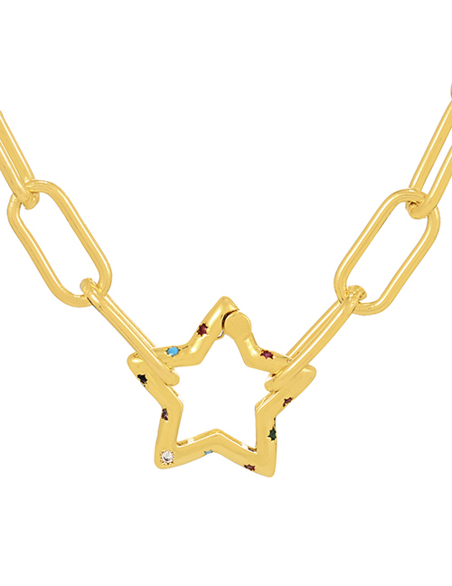 Fashion Gold-5 Bronze Zirconium Pentagram Buckle Pendant Thick Chain Necklace