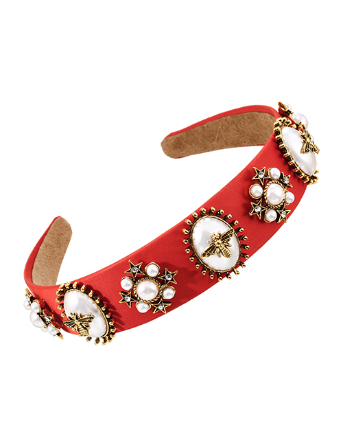 Fashion Red Fabric Alloy Diamond Inlaid Pearl Bee Flower Headband