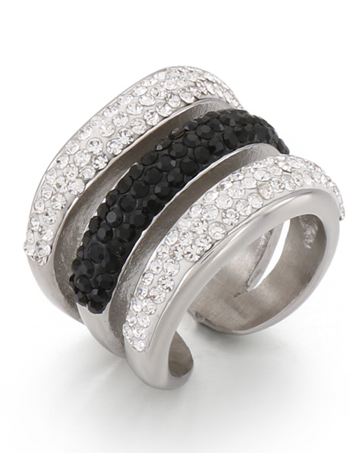 Fashion Steel Color Titanium Full Diamond Geometric Open Ring