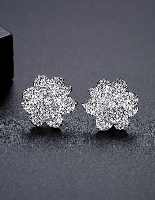 Fashion Silver Color Copper Inlaid Zirconium Flower Stud Earrings