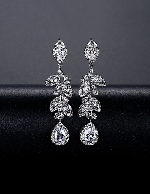 Fashion Silver Color Bronze Zirconium Geometric Branch And Leaf Drop Earrings