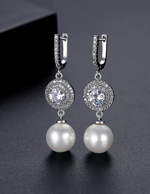 Fashion Silver Color Bronze Zirconium Geometric Pearl Drop Earrings