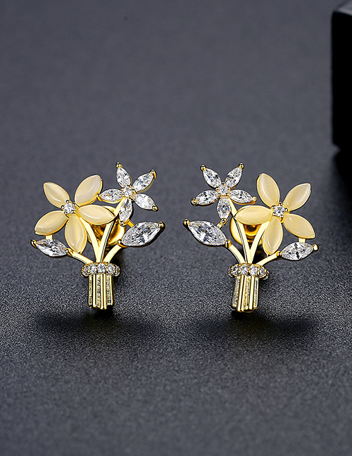 Fashion Gold Color Bronze Zirconium Geometric Bouquet Stud Earrings