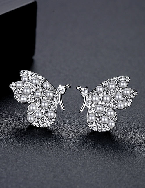 Fashion Silver Color Bronze Zirconium Butterfly Stud Earrings