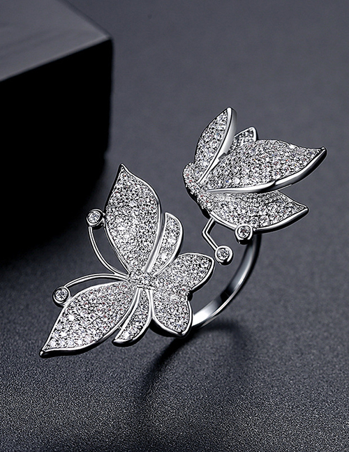 Fashion Silver Color Bronze Zirconium Butterfly Open Ring