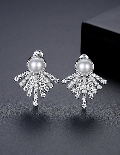 Fashion Silver Color Brass Set Zirconium Irregular Pearl Stud Earrings