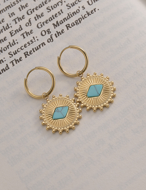 Fashion Gold Color Earrings Titanium Diamond Turquoise Round Earrings
