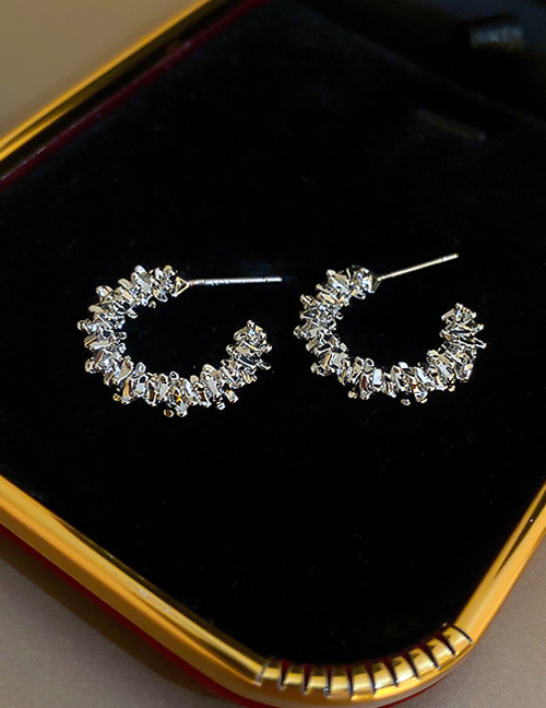 Fashion Silver Alloy Set Zirconium C Shape Stud Earrings