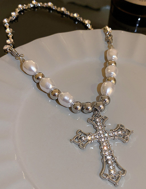 Fashion Silver-cross Alloy Diamond Cross Pearl Necklace