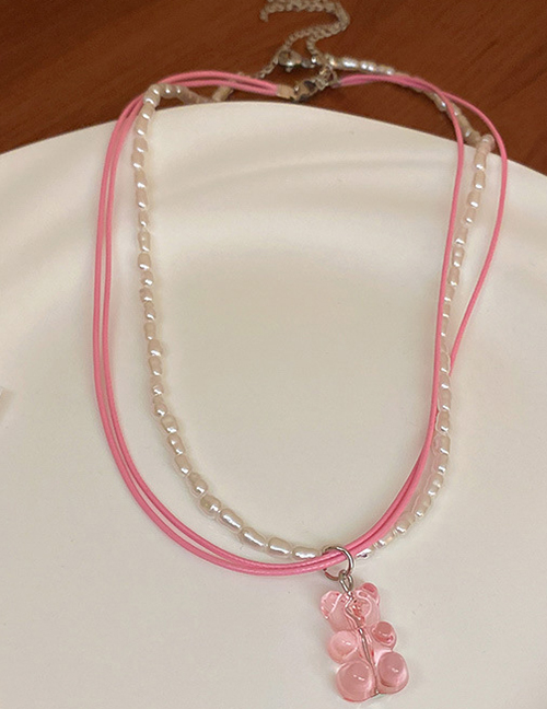 Fashion Pink Pearl Beaded Bear Necklace Set