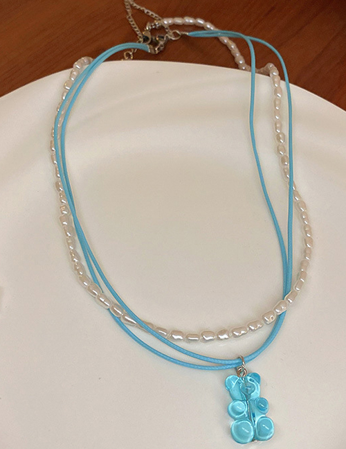 Fashion Blue Pearl Beaded Bear Necklace Set
