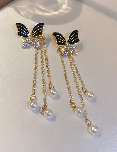 Fashion Gold Color Alloy Diamond Butterfly Pearl Tassel Earrings