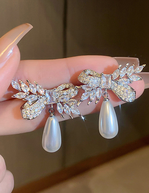 Fashion Silver Color Geometric Zirconium Bow Leaf Drop Pearl Stud Earrings