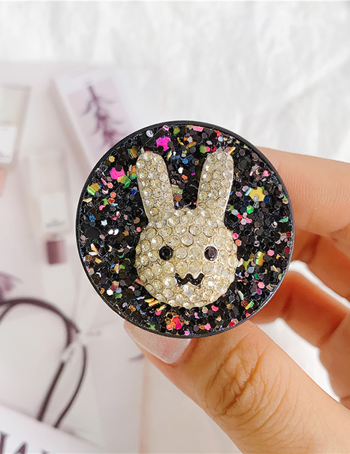 Fashion Round Face Rabbit No. 4 - Black Acrylic Cartoon Rhinestone Glitter Sequins Mobile Phone Airbag Holder