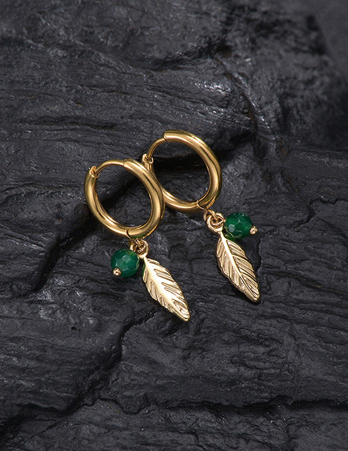 Fashion Three-dimensional Feather Green Rice Beads Titanium Feather Bead Earrings