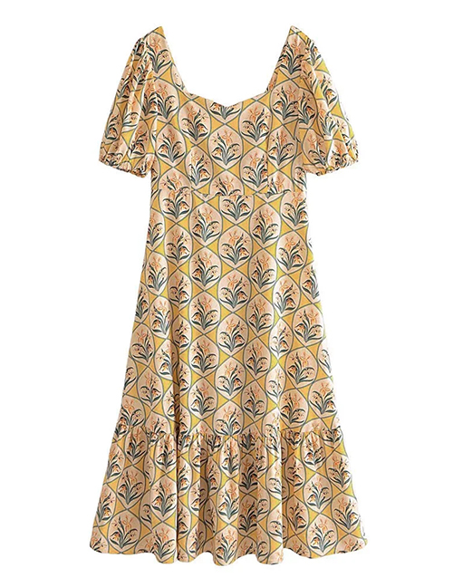 Fashion Yellow Flowers Woven Print Square Neck Dress