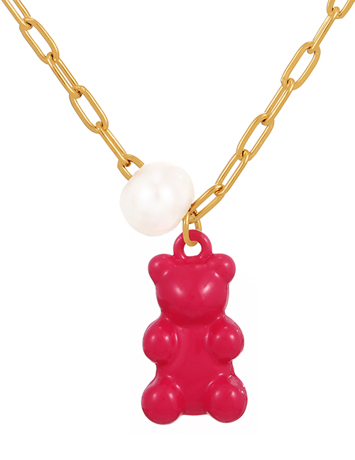 Fashion Red Pearl Drop Oil Bear Pendant Titanium Steel Necklace